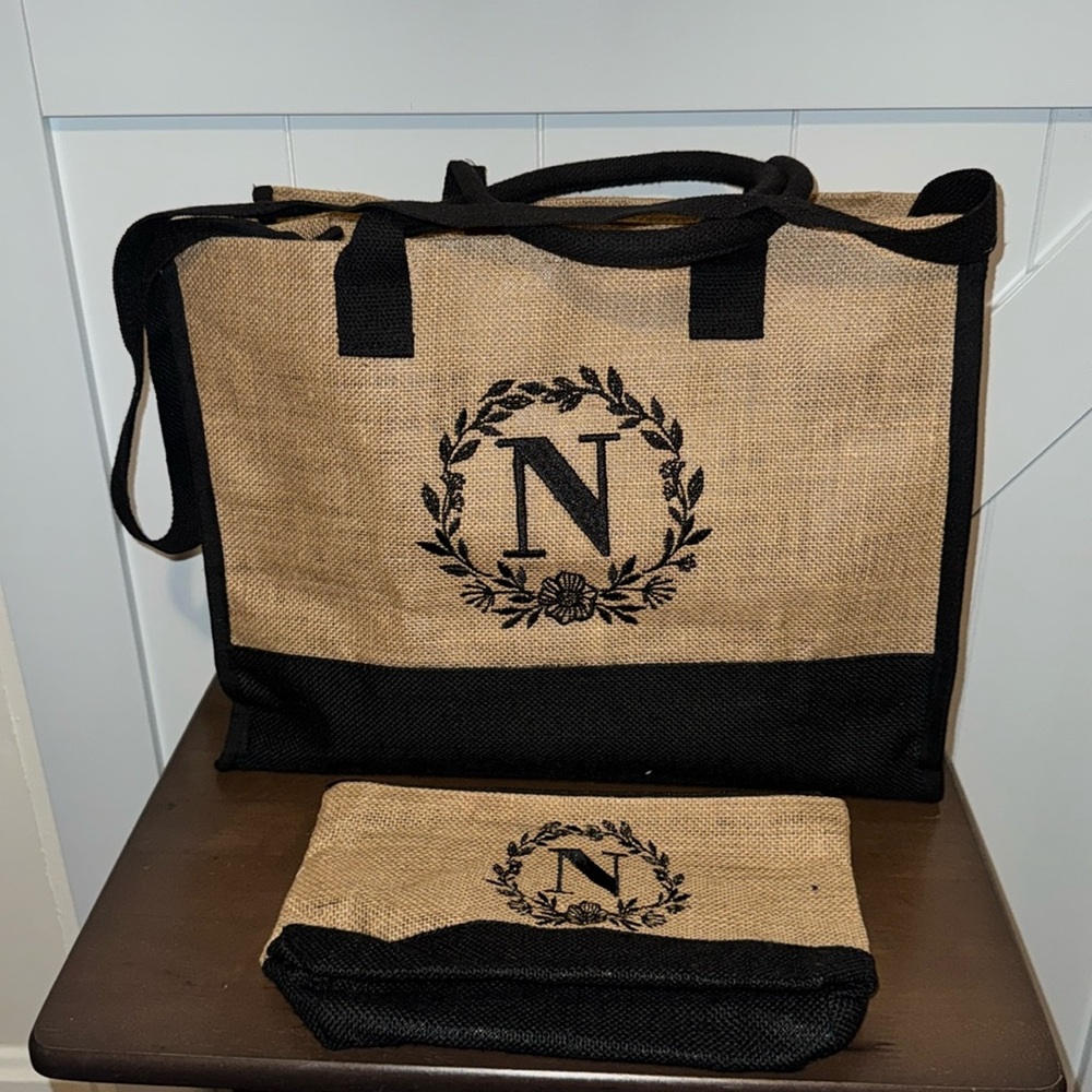 Reduced!  Canvas monogram “N” tote bag & accessory bag pair